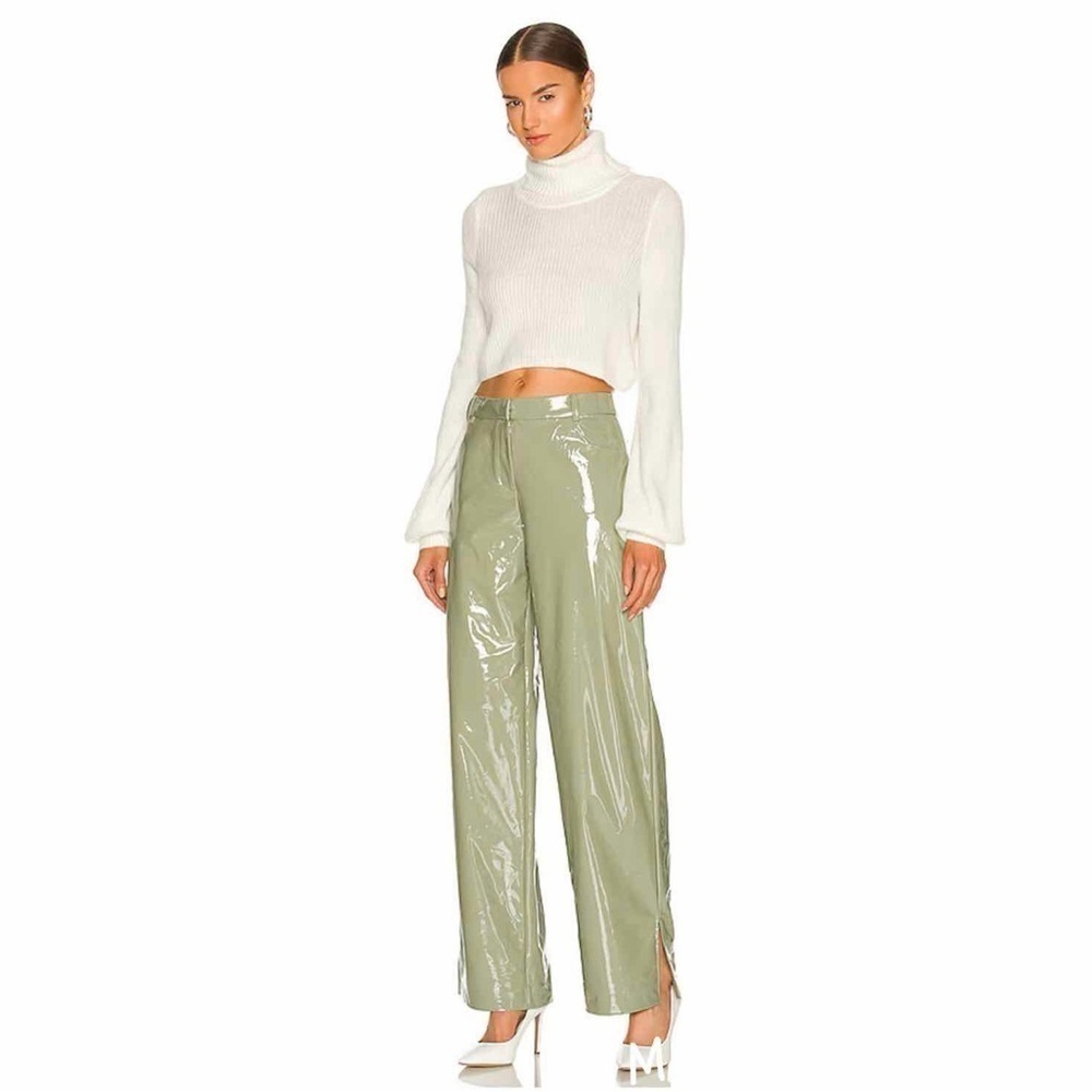 Camila Coelho Women's Cyrus Faux Patent Leather Pants Sage Green Split Hem XS